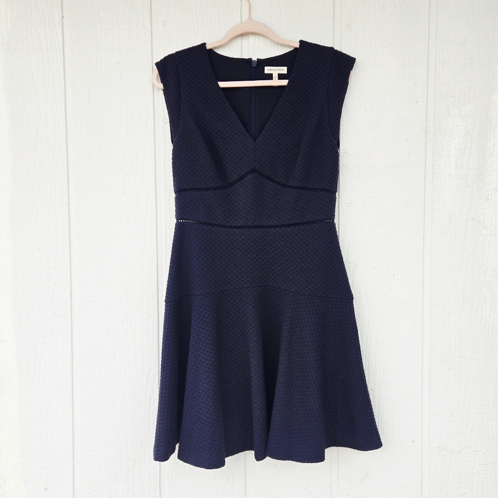 Rebecca Taylor Navy Taylor Dress V Neck Pointelle Sleeveless Fit & Flare